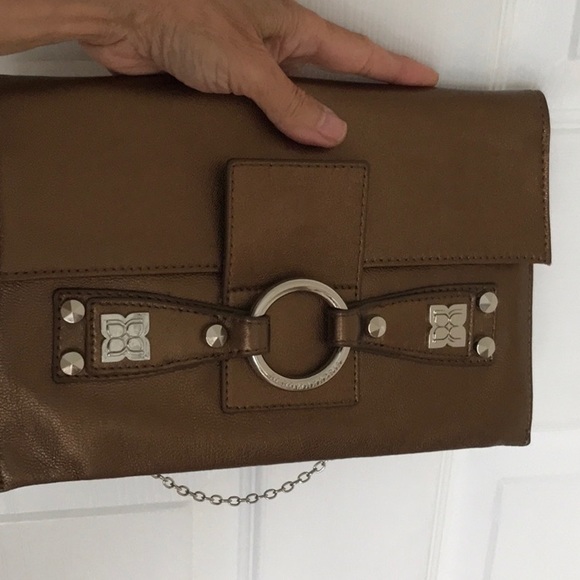 BCBGMAXAZRIA Bronze Envelope Leather Clutch Bronze Metallic Look Chain Hardware - Picture 2 of 6
